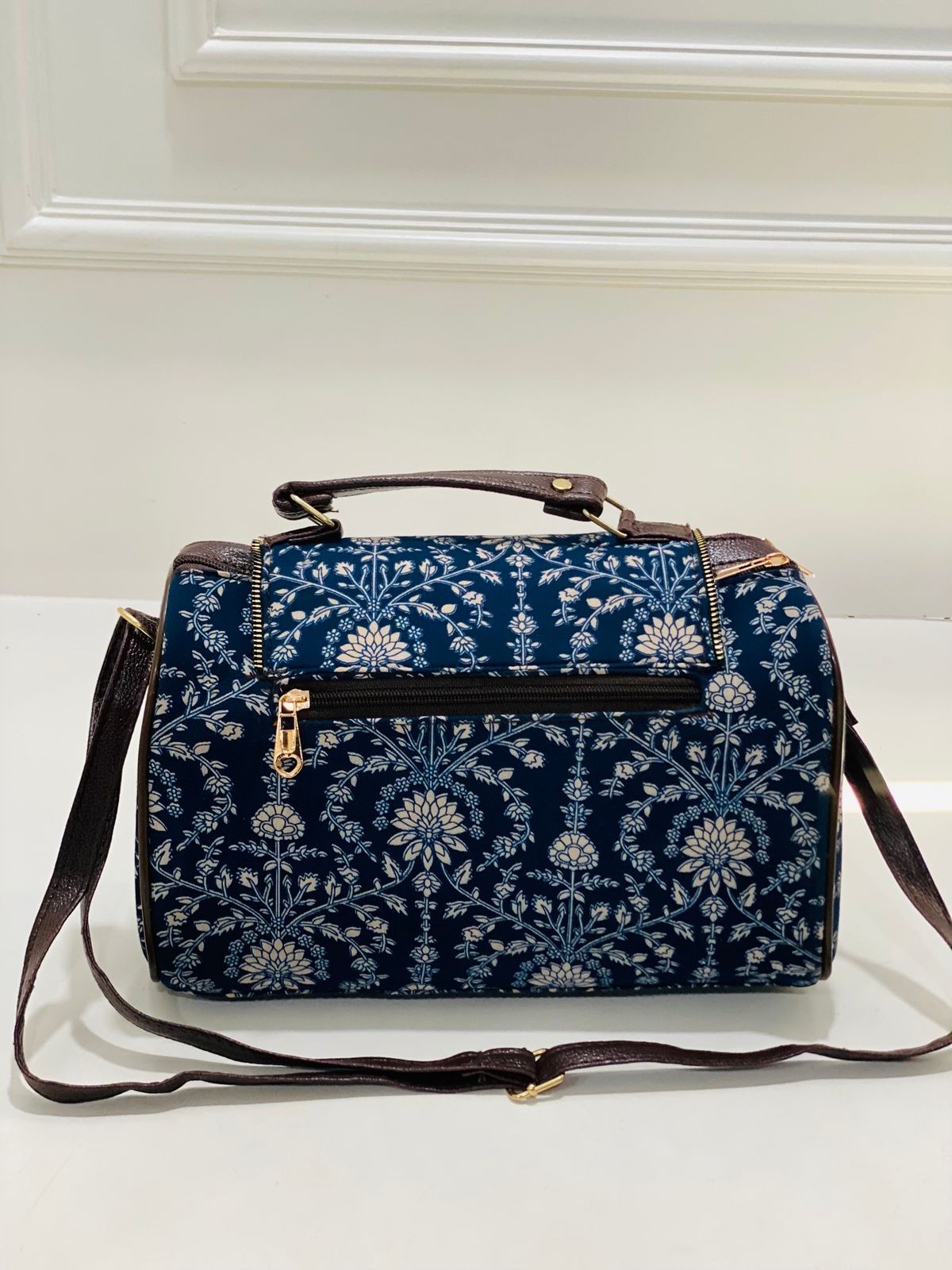 blue floral print large satchel bag