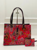 Deep Red Floral Pattern Tote Bag with Matching Zip Pouch