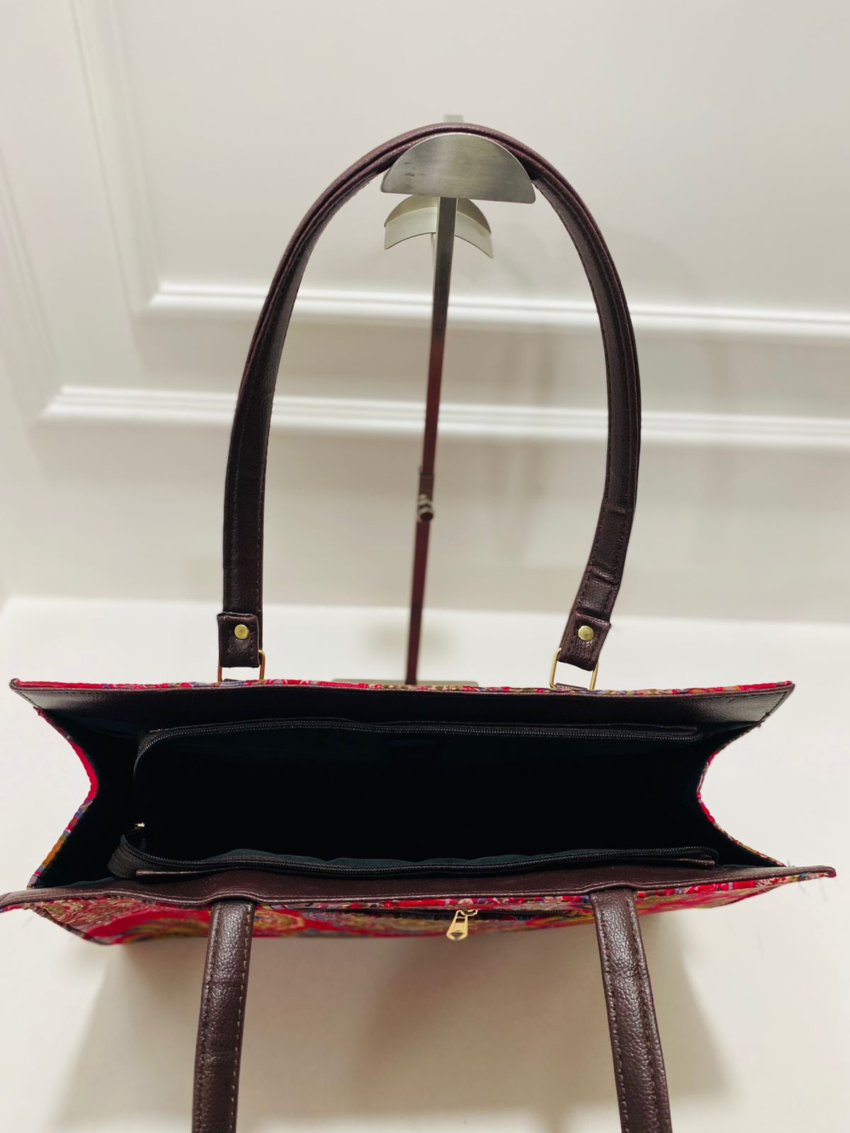 Deep Red Floral Pattern Tote Bag with Matching Zip Pouch