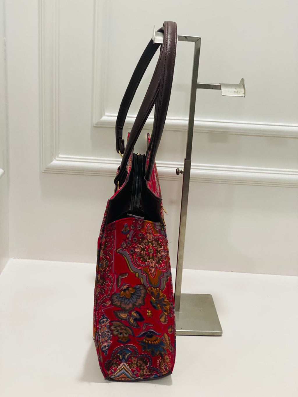 Deep Red Floral Pattern Tote Bag with Matching Zip Pouch