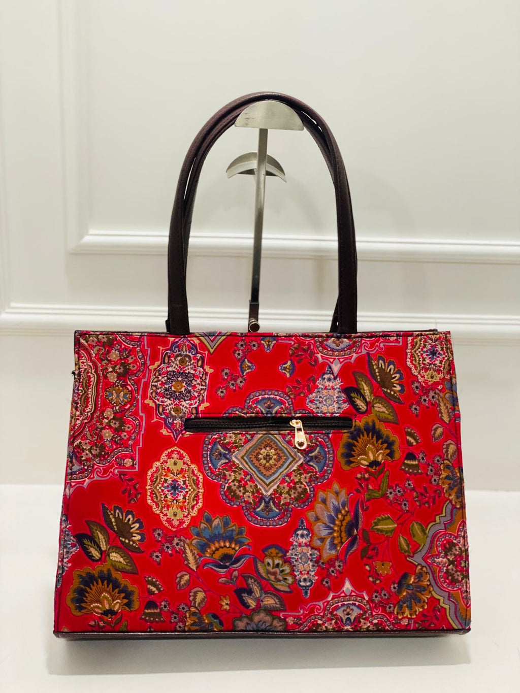 Deep Red Floral Pattern Tote Bag with Matching Zip Pouch