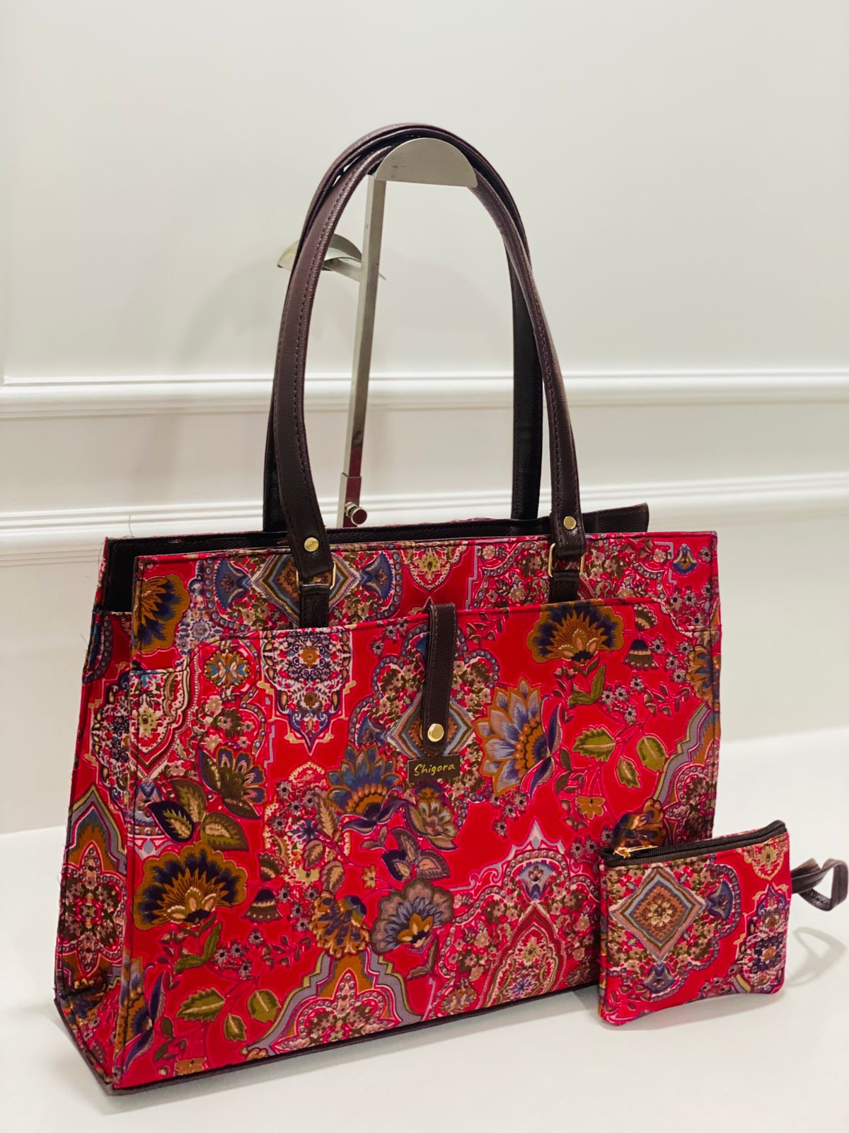 Deep Red Floral Pattern Tote Bag with Matching Zip Pouch