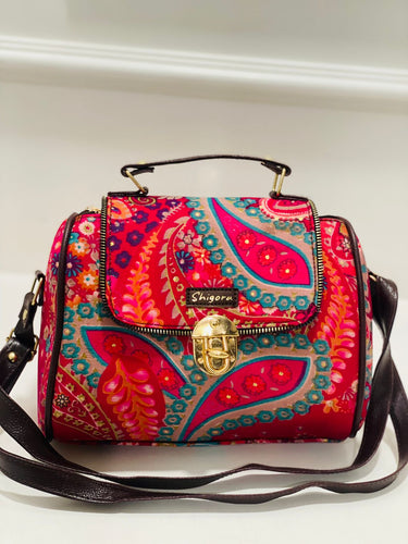 Berry pink floral designer satchel bag medium size