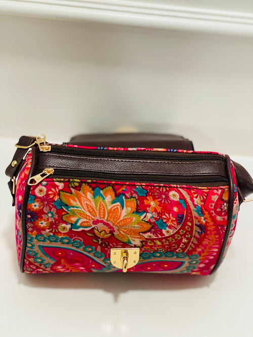 Berry pink floral designer satchel bag medium size