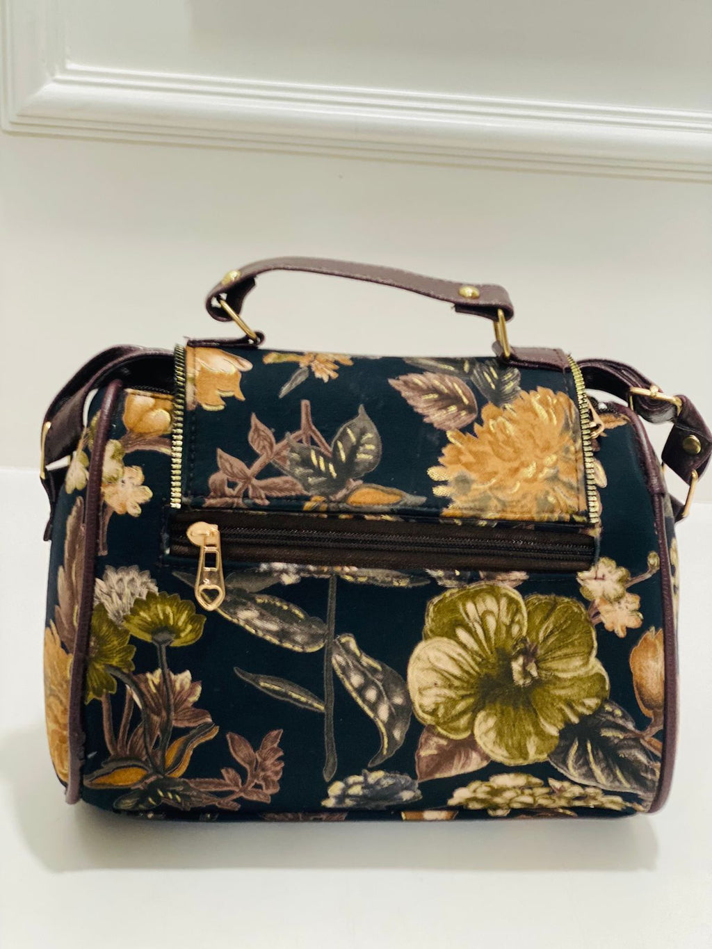 Black bloom print designer satchel bag medium size