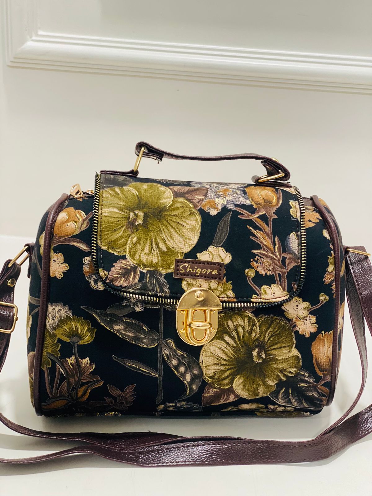 Floral Print Barrel Satchel Bag