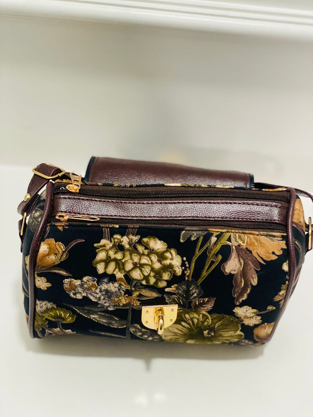 Black bloom print designer satchel bag medium size