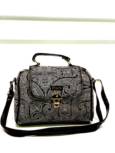 Black mystic mandala designer satchel bag medium size