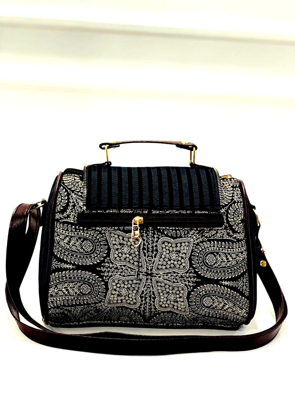 Monochrome Paisley Barrel Satchel Bag