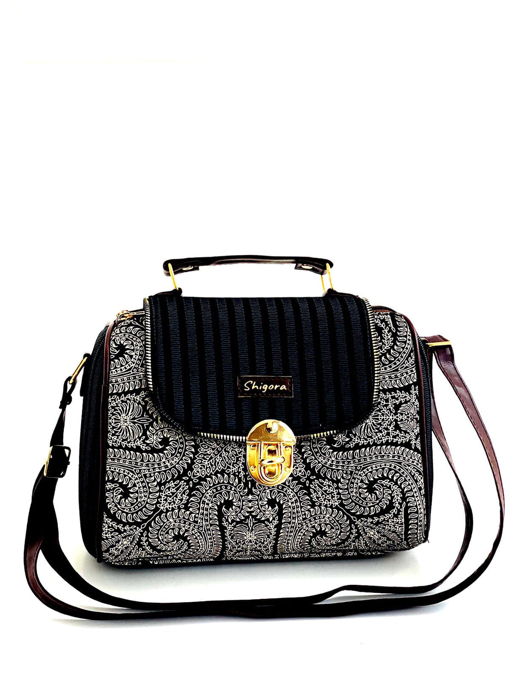 Monochrome Paisley Barrel Satchel Bag