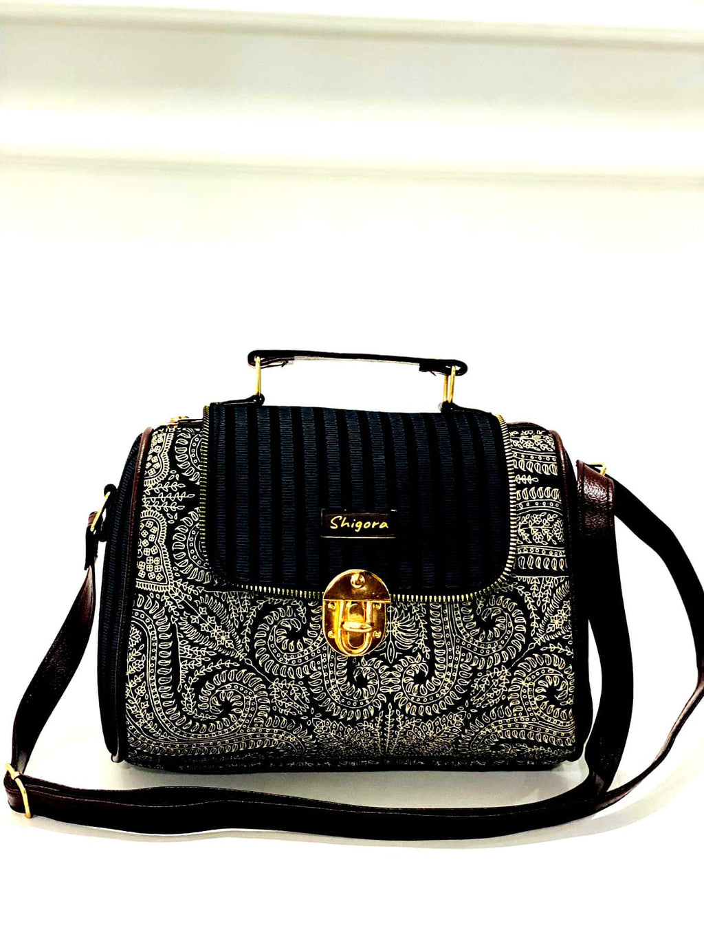 Monochrome Paisley Barrel Satchel Bag