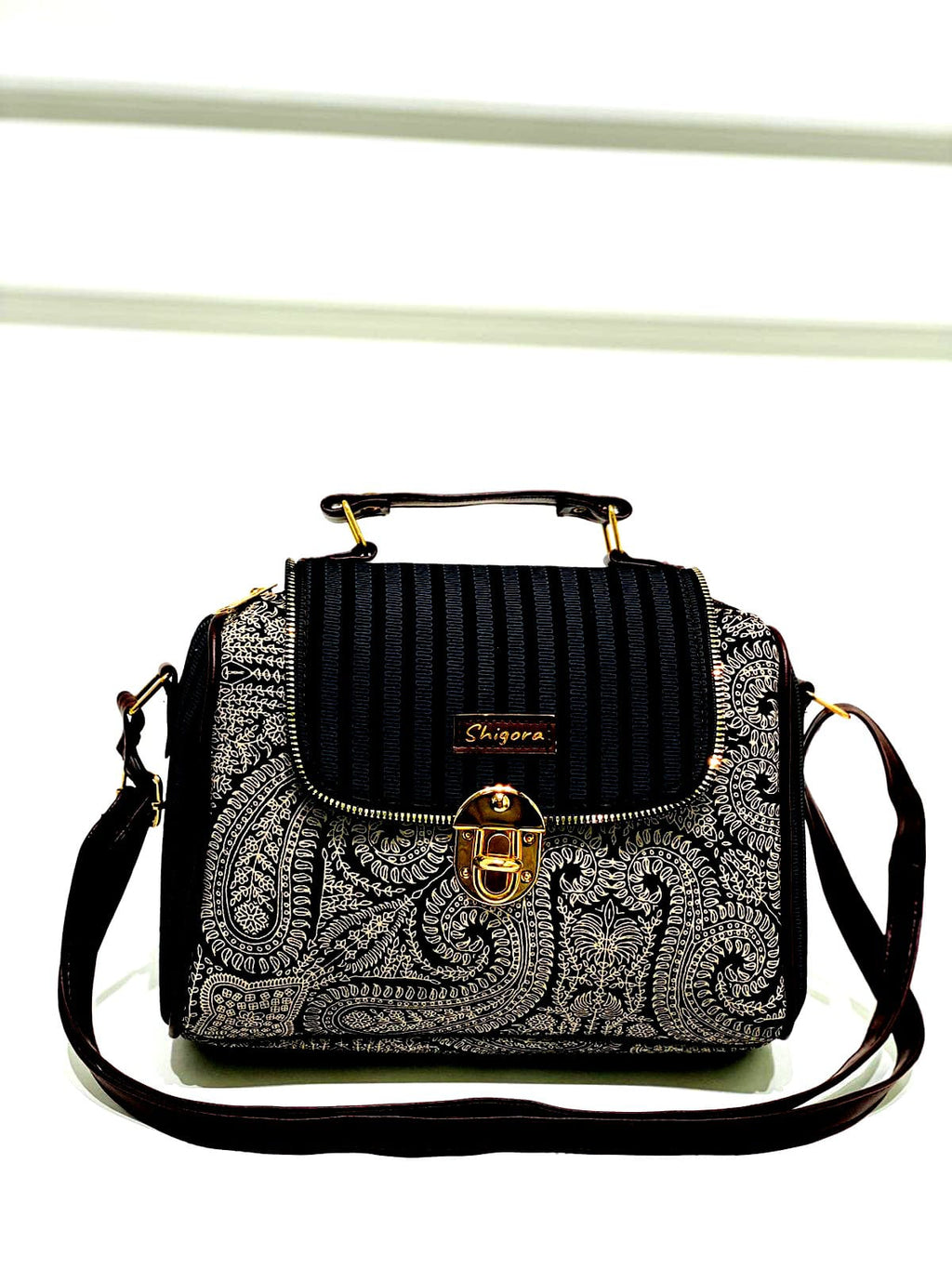 Monochrome Paisley Barrel Satchel Bag