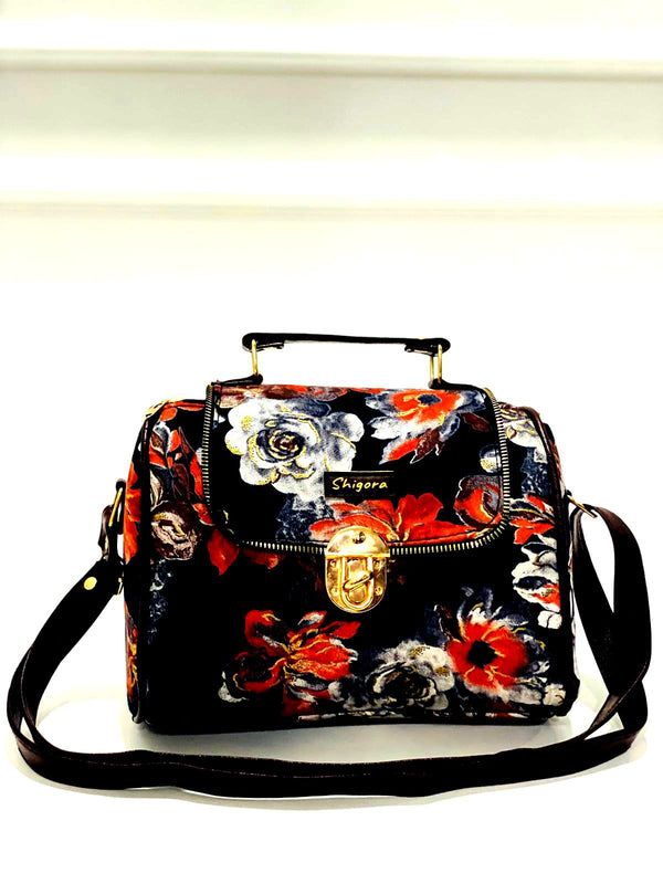 Navy blue floral designer satchel bag medium size