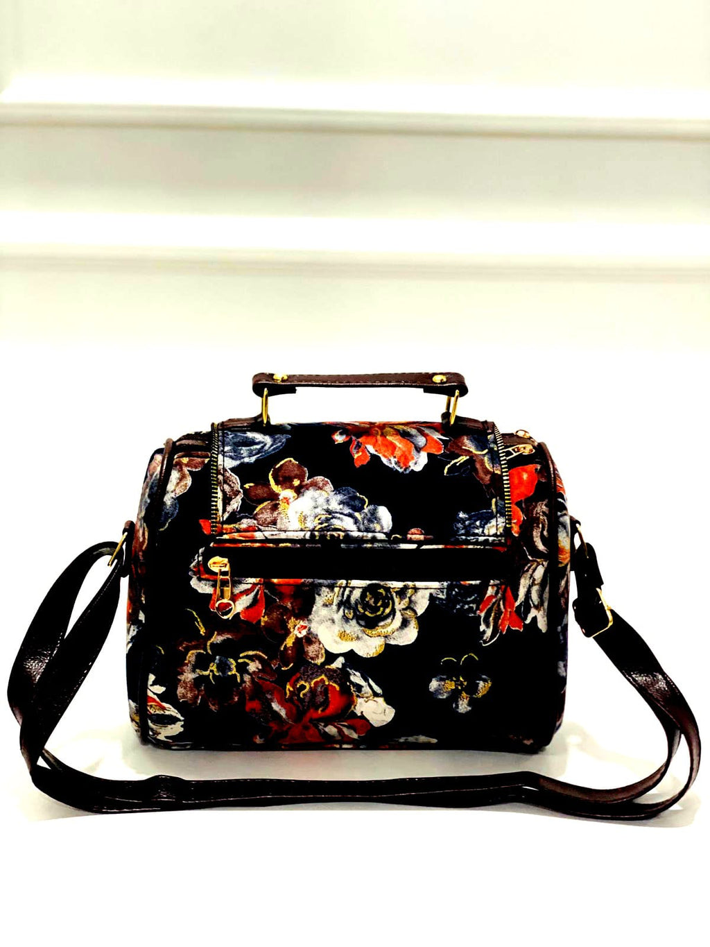 Floral Sling Bag – Vibrant Navy Blue with Multicolor Flower Print & Gold