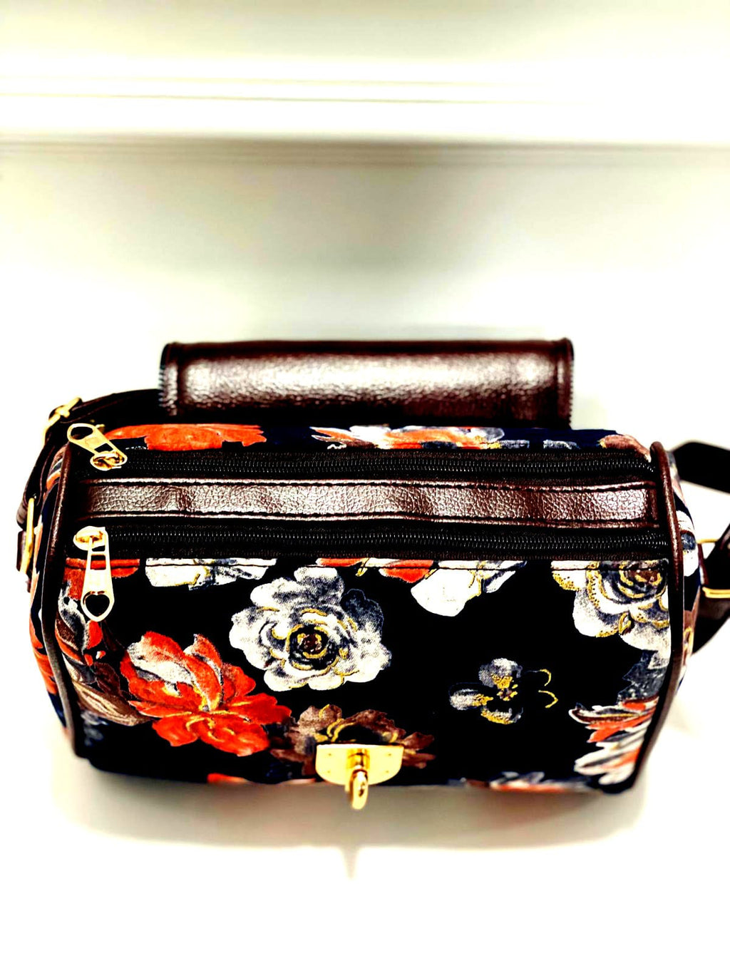 Floral Sling Bag – Vibrant Navy Blue with Multicolor Flower Print & Gold