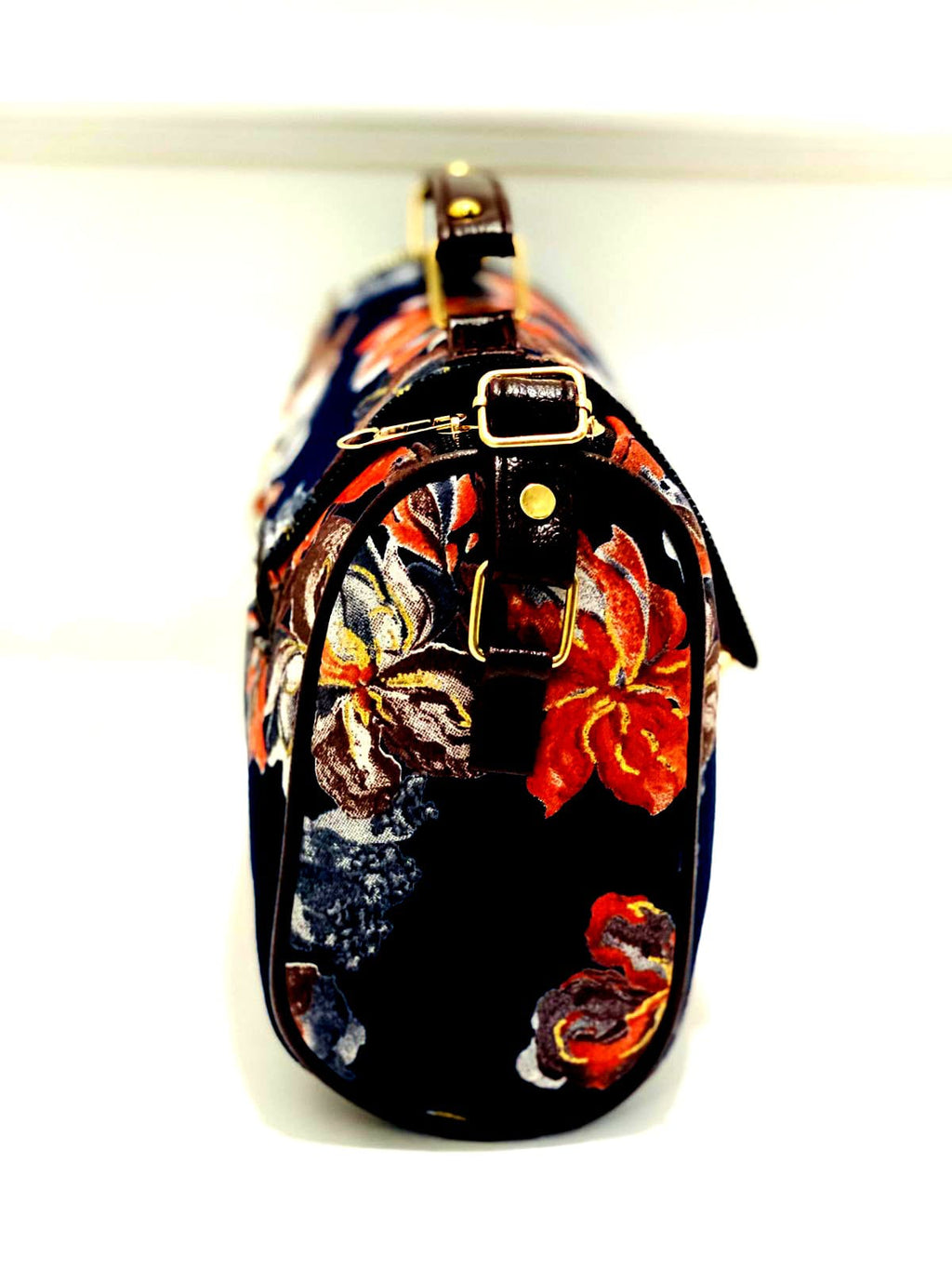 Floral Sling Bag – Vibrant Navy Blue with Multicolor Flower Print & Gold