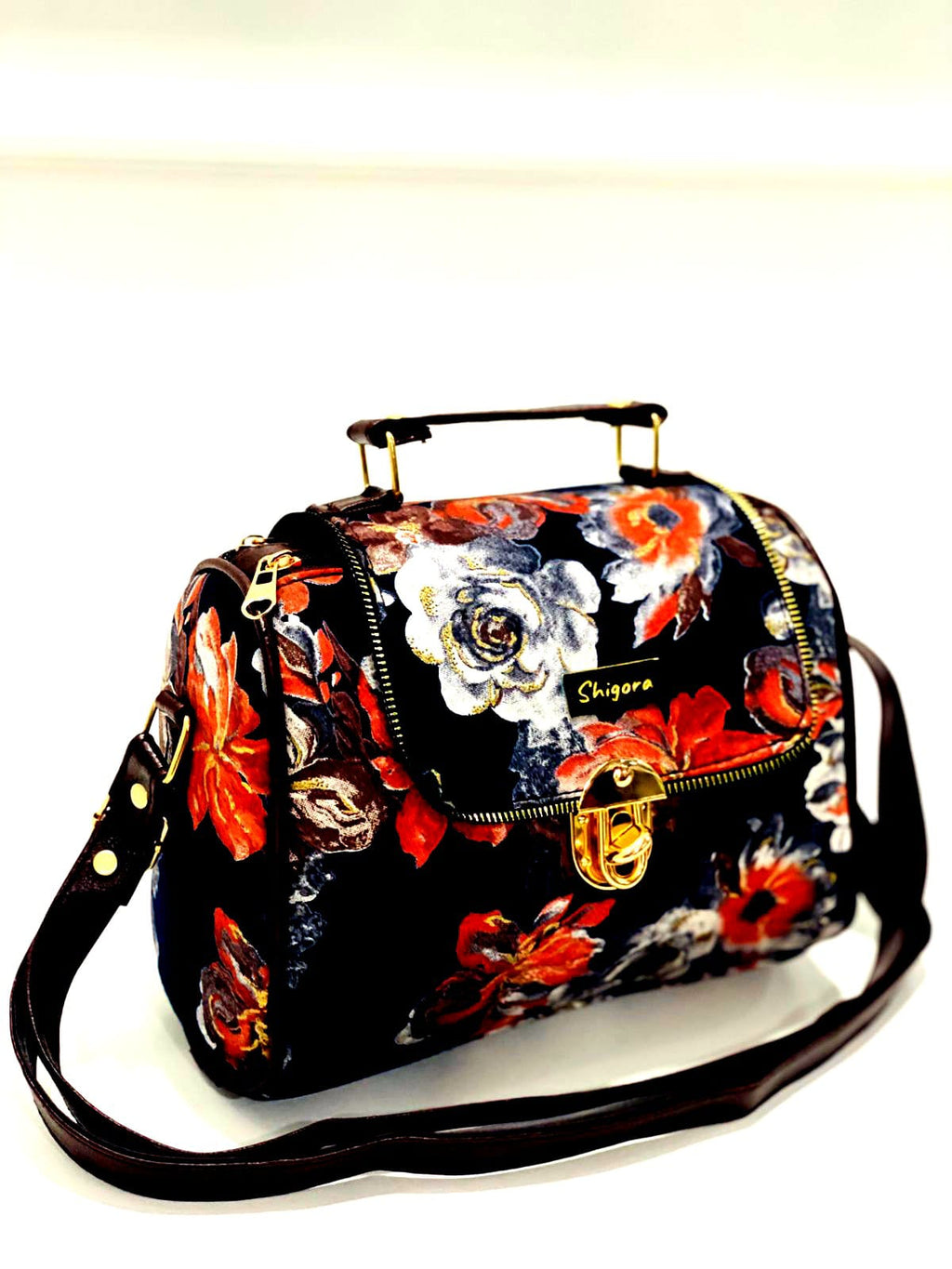 Floral Sling Bag – Vibrant Navy Blue with Multicolor Flower Print & Gold