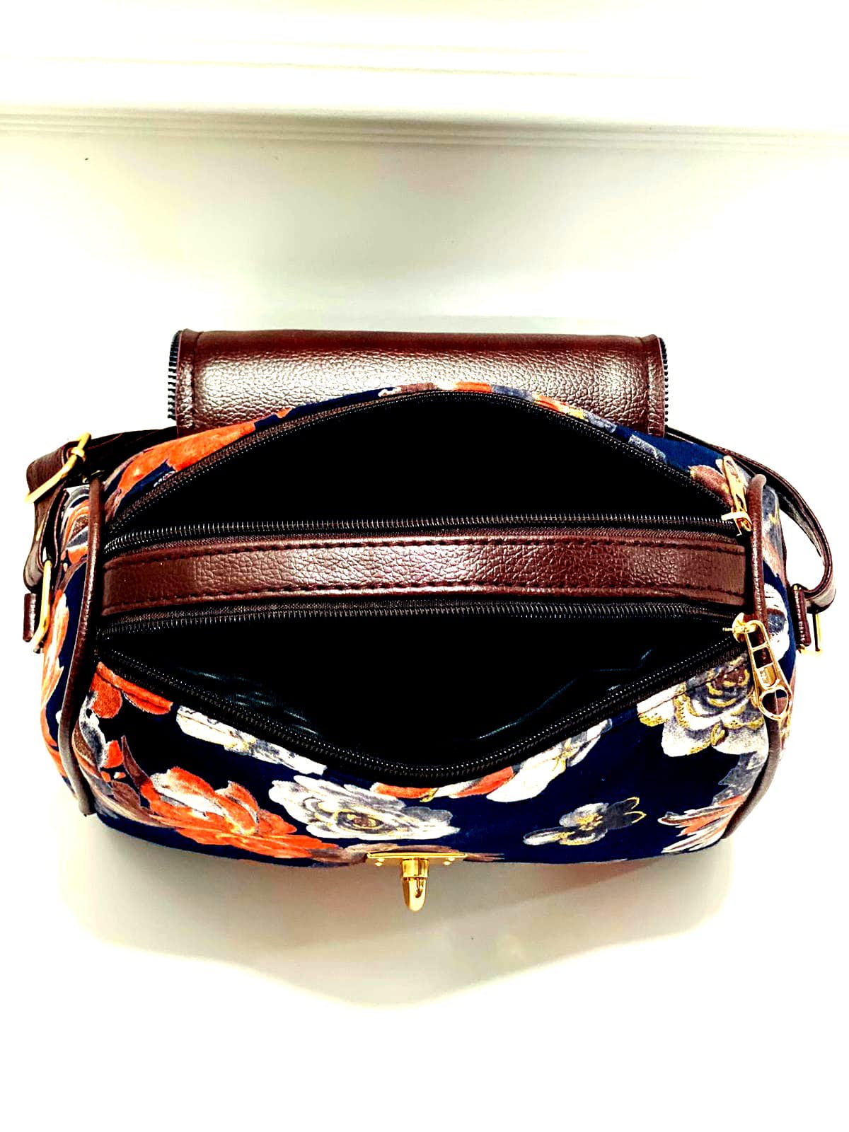 Floral Sling Bag – Vibrant Navy Blue with Multicolor Flower Print & Gold