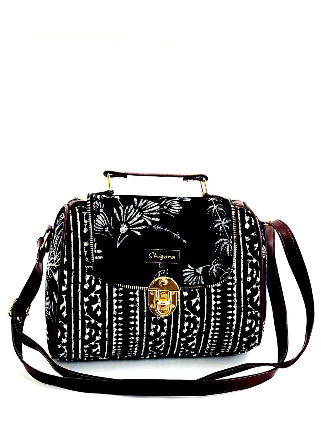 Black & White Floral Handbag – Ethnic Pattern Sling Bag with Gold Lock