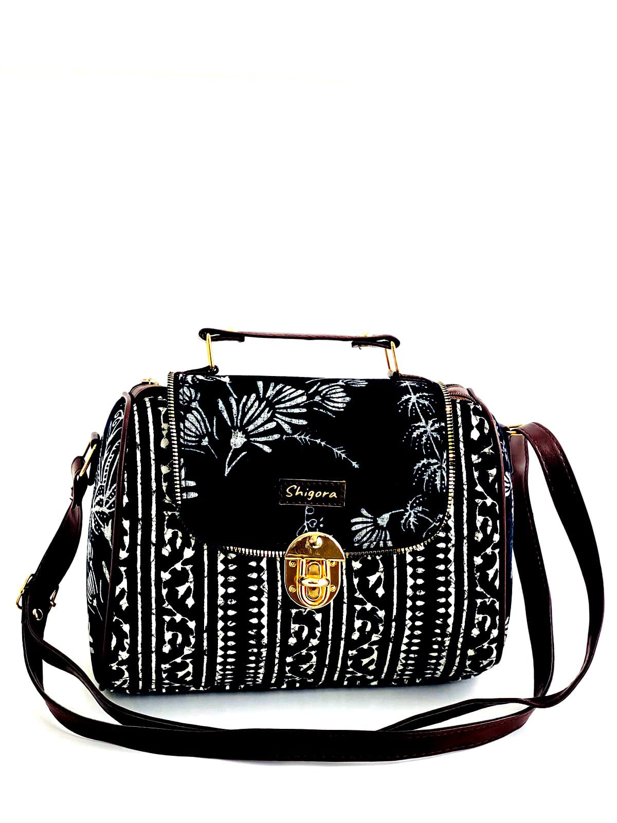 Black & White Floral Handbag – Ethnic Pattern Sling Bag with Gold Lock