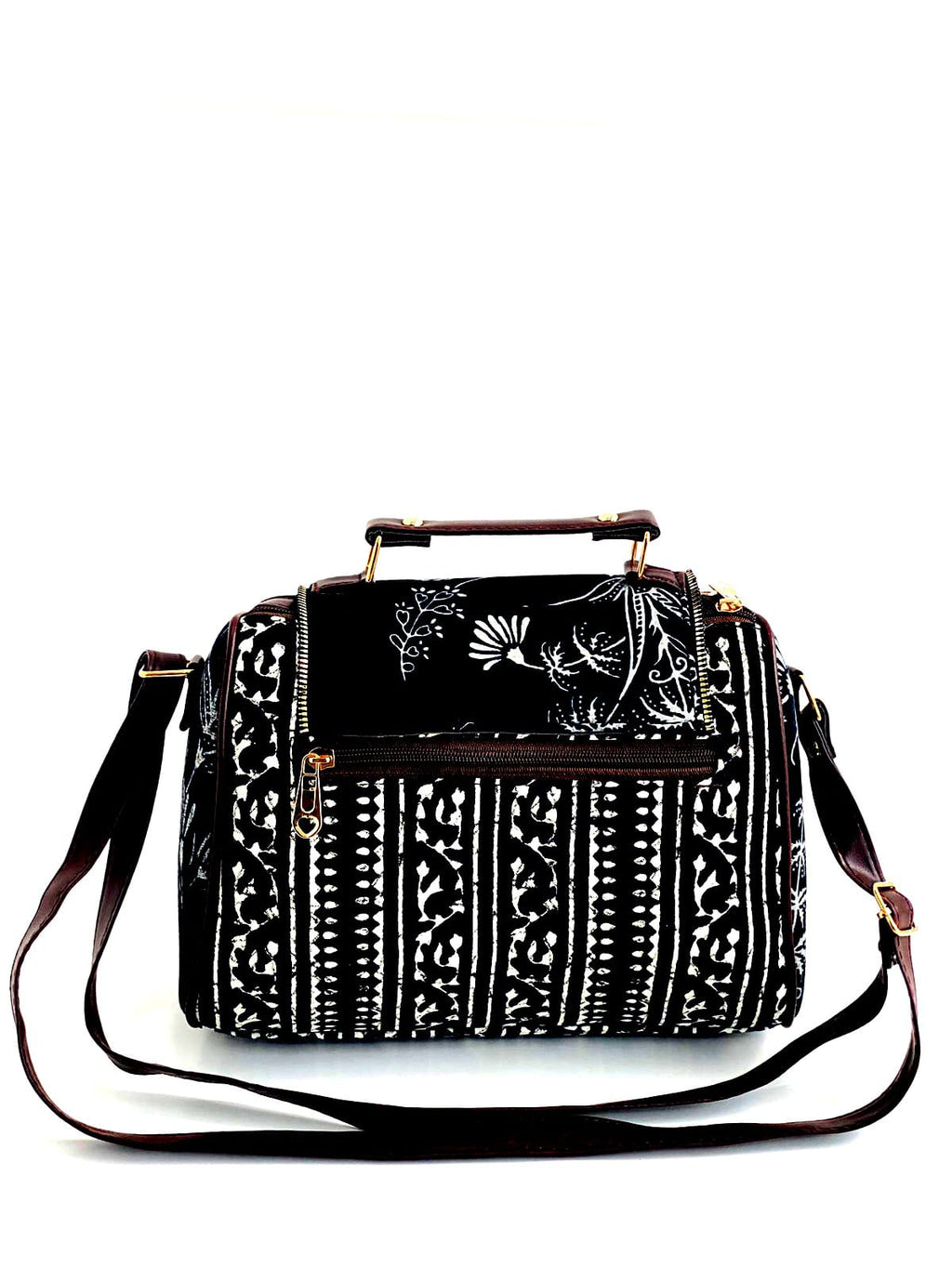 Black & White Floral Handbag – Ethnic Pattern Sling Bag with Gold Lock