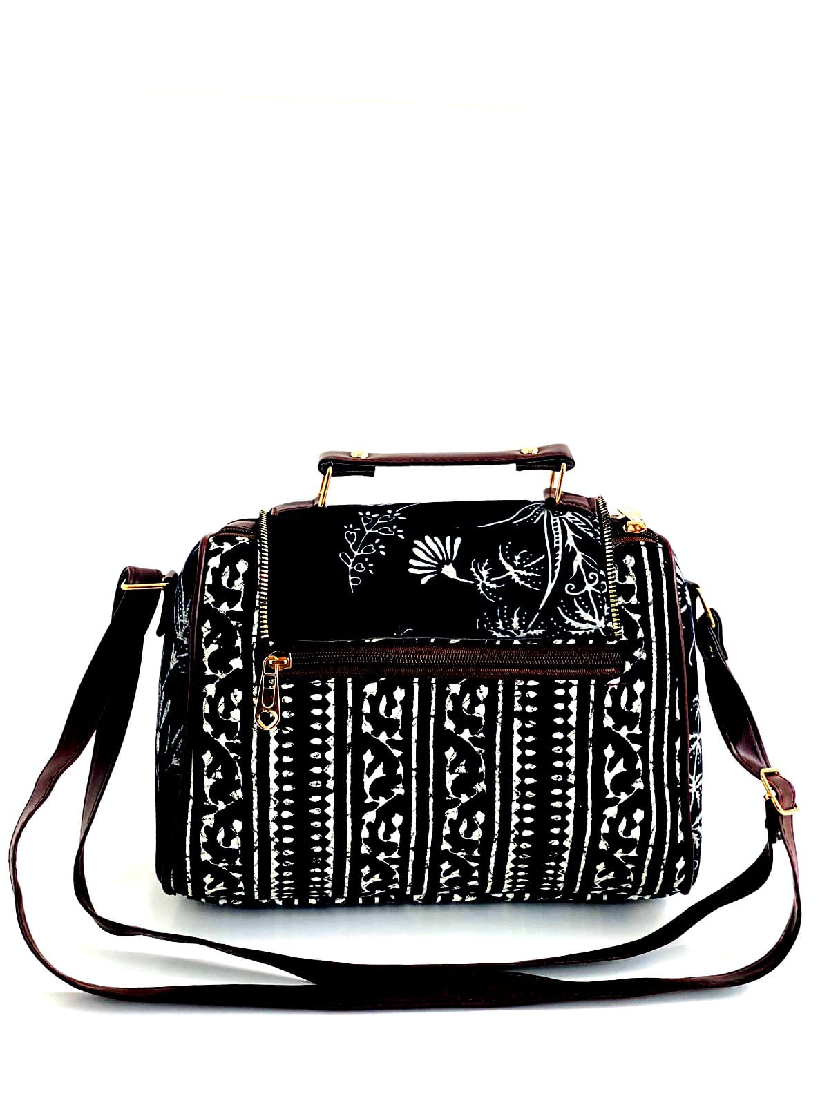 Black & White Floral Handbag – Ethnic Pattern Sling Bag with Gold Lock