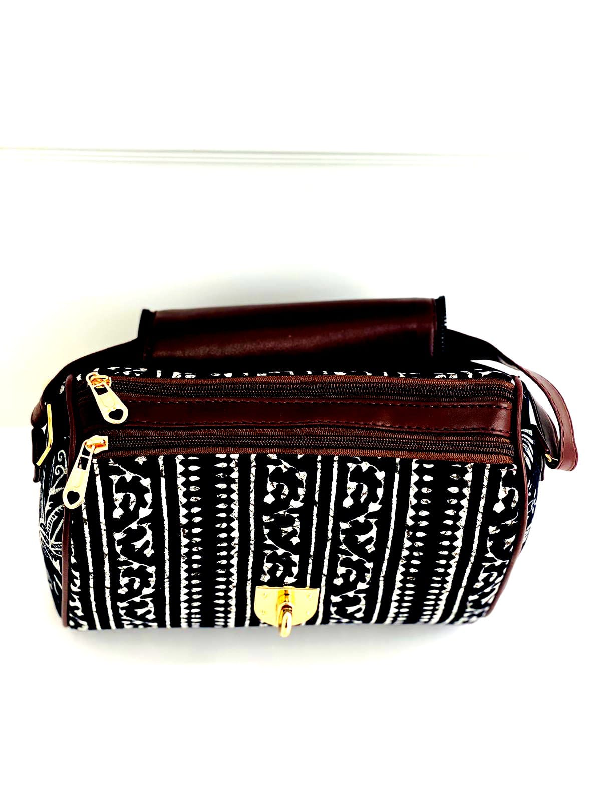 Black & White Floral Handbag – Ethnic Pattern Sling Bag with Gold Lock
