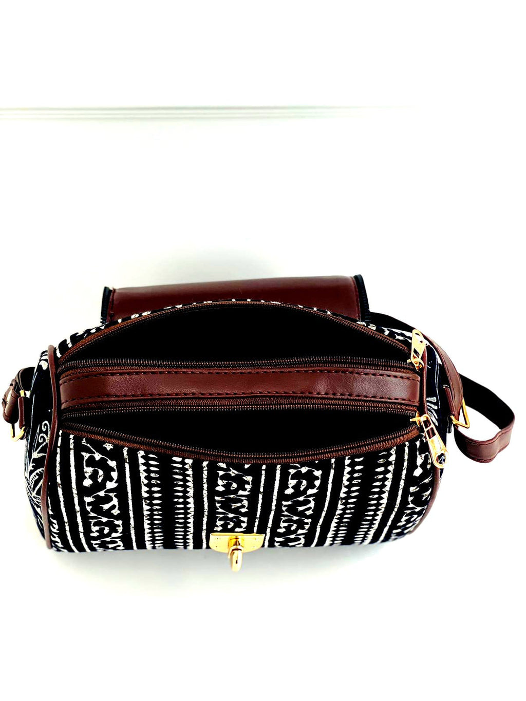 Black & White Floral Handbag – Ethnic Pattern Sling Bag with Gold Lock
