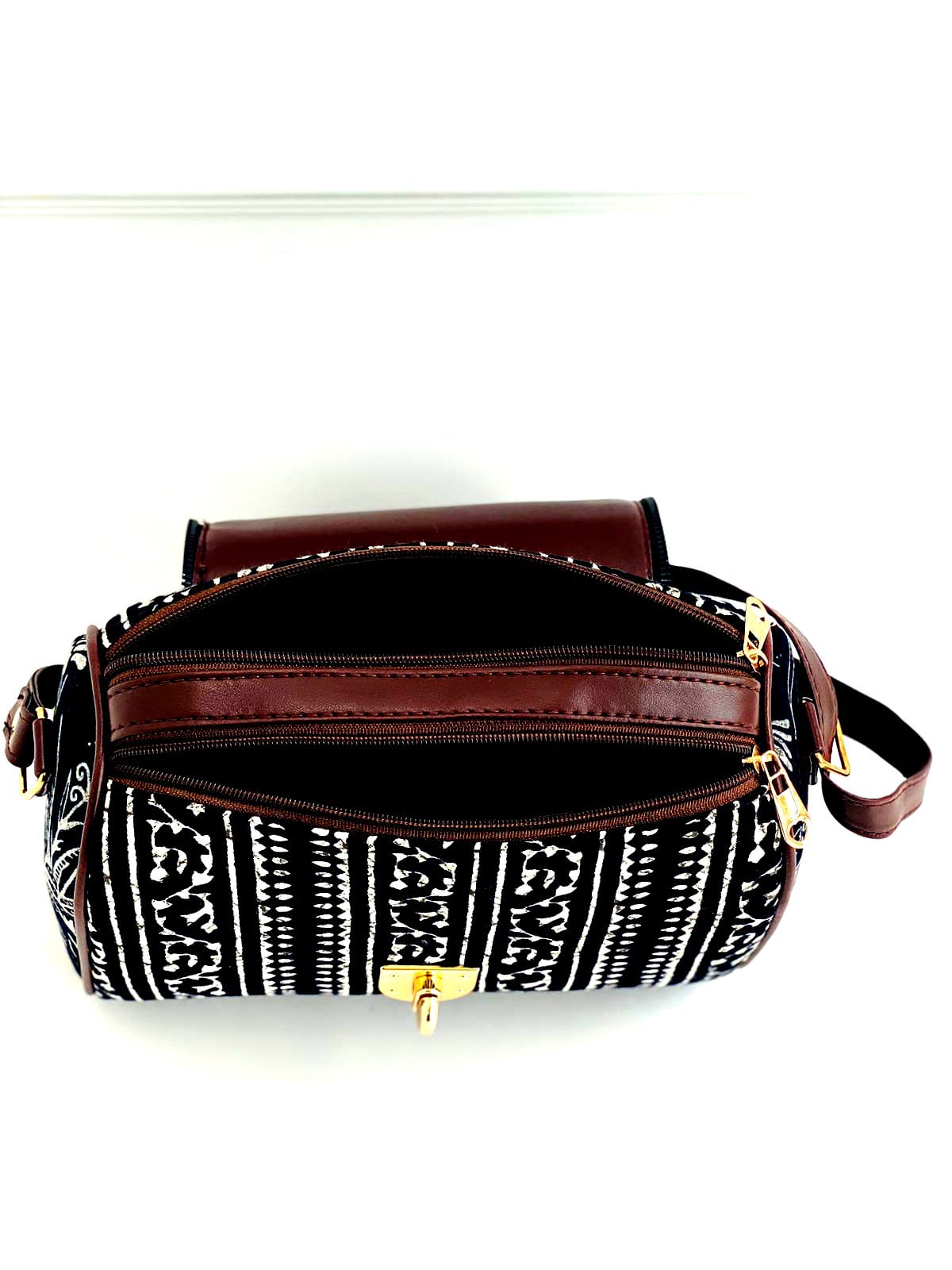 Black & White Floral Handbag – Ethnic Pattern Sling Bag with Gold Lock