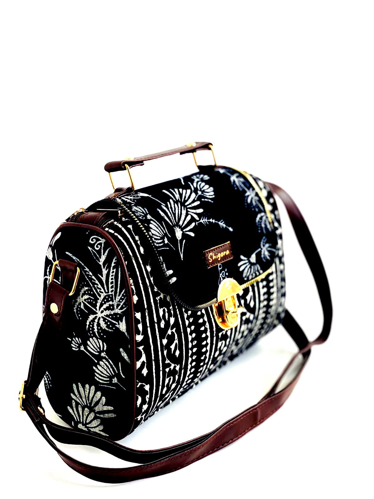 Black & White Floral Handbag – Ethnic Pattern Sling Bag with Gold Lock