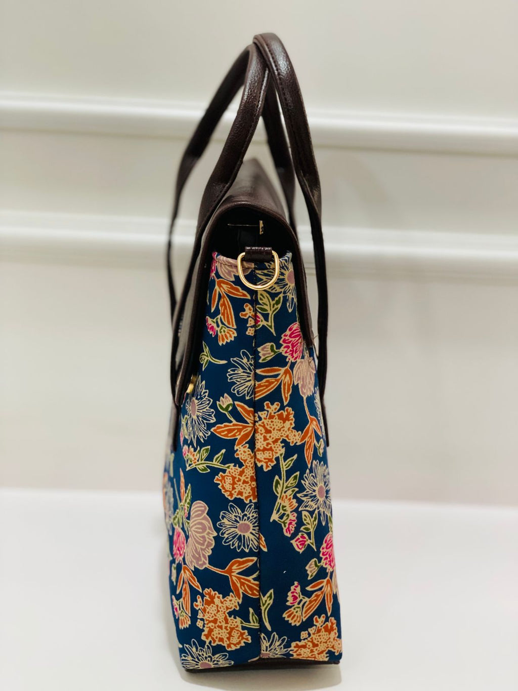 Premium Cotton Office Tote Bag – Floral Print Vegan Leather