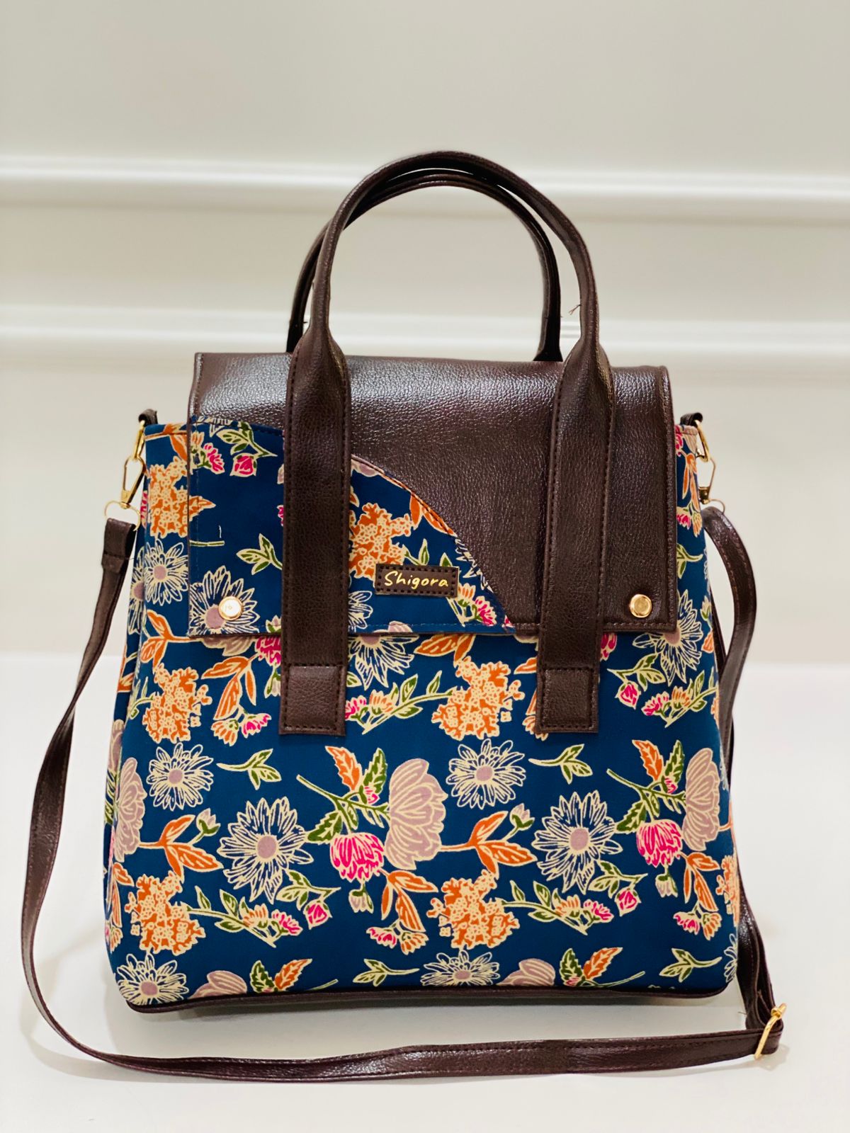 Premium Cotton Office Tote Bag – Floral Print Vegan Leather