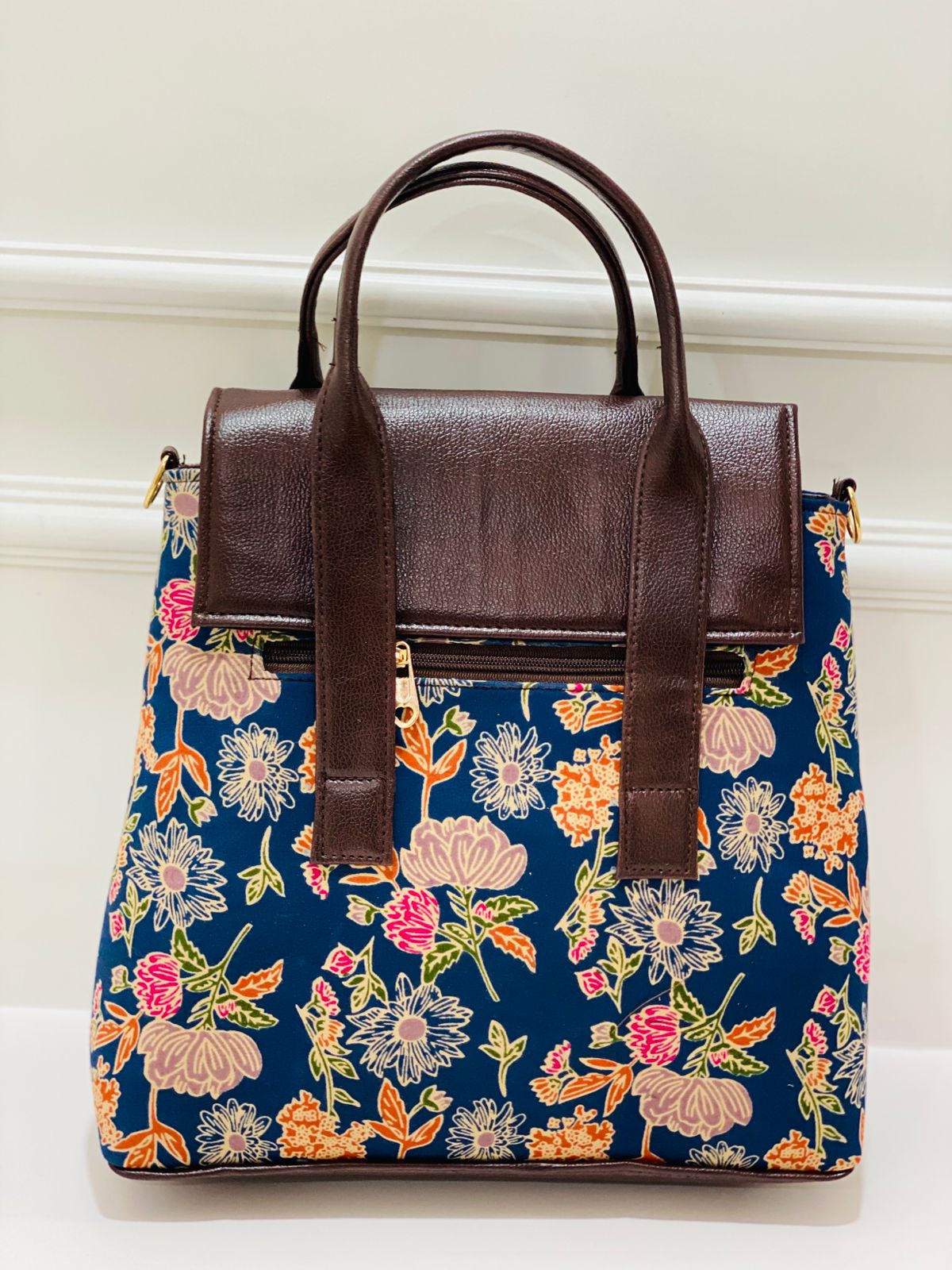 Premium Cotton Office Tote Bag – Floral Print Vegan Leather