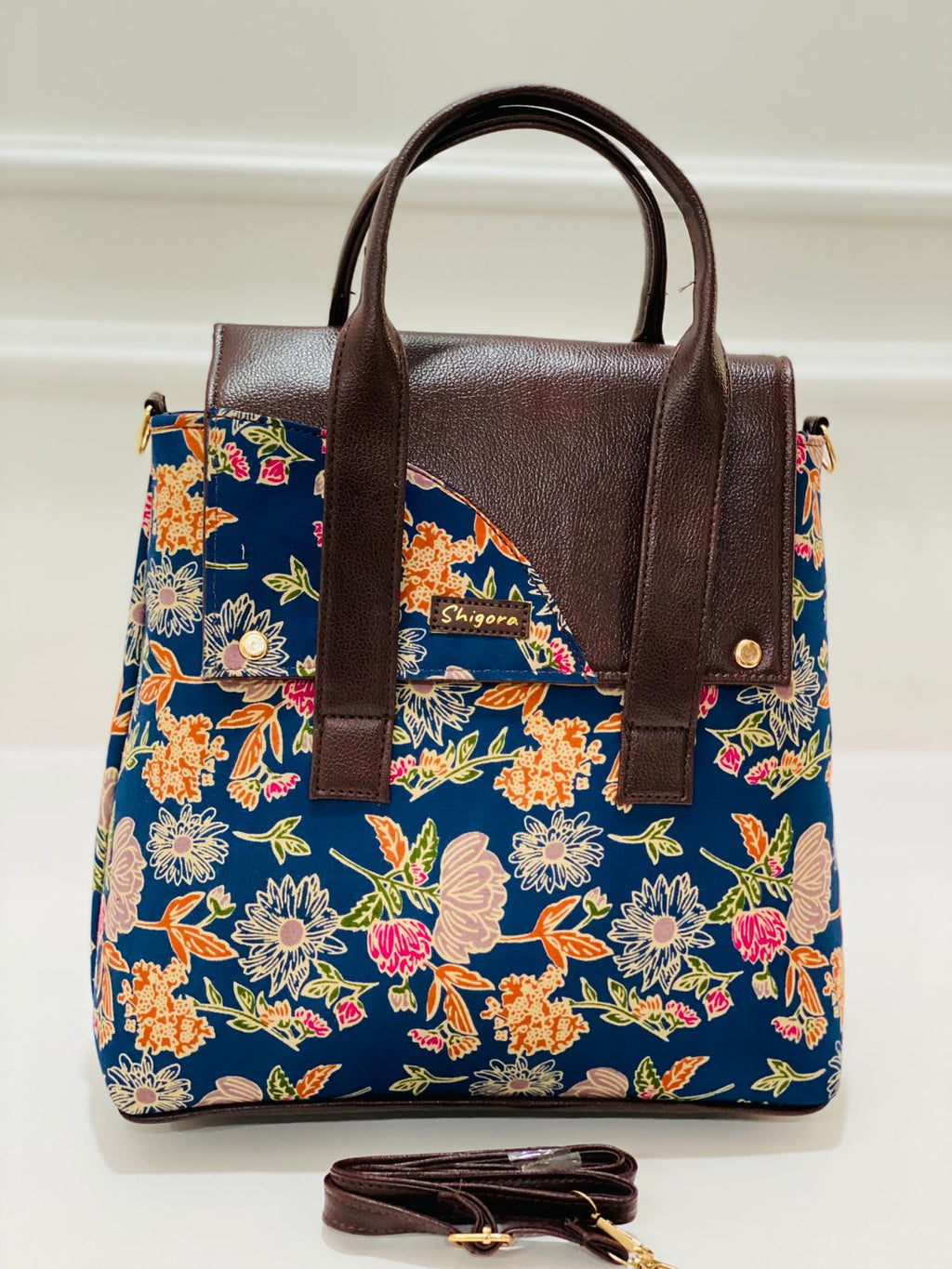 Premium Cotton Office Tote Bag – Floral Print Vegan Leather