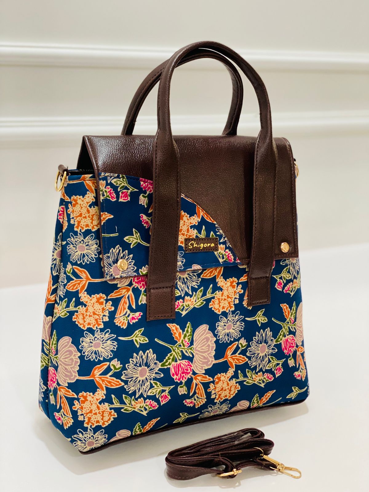 Premium Cotton Office Tote Bag – Floral Print Vegan Leather