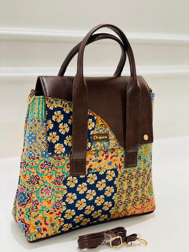 Premium Cotton Office Tote Bag – Yellow Peach Vegan Leather - Alternative view