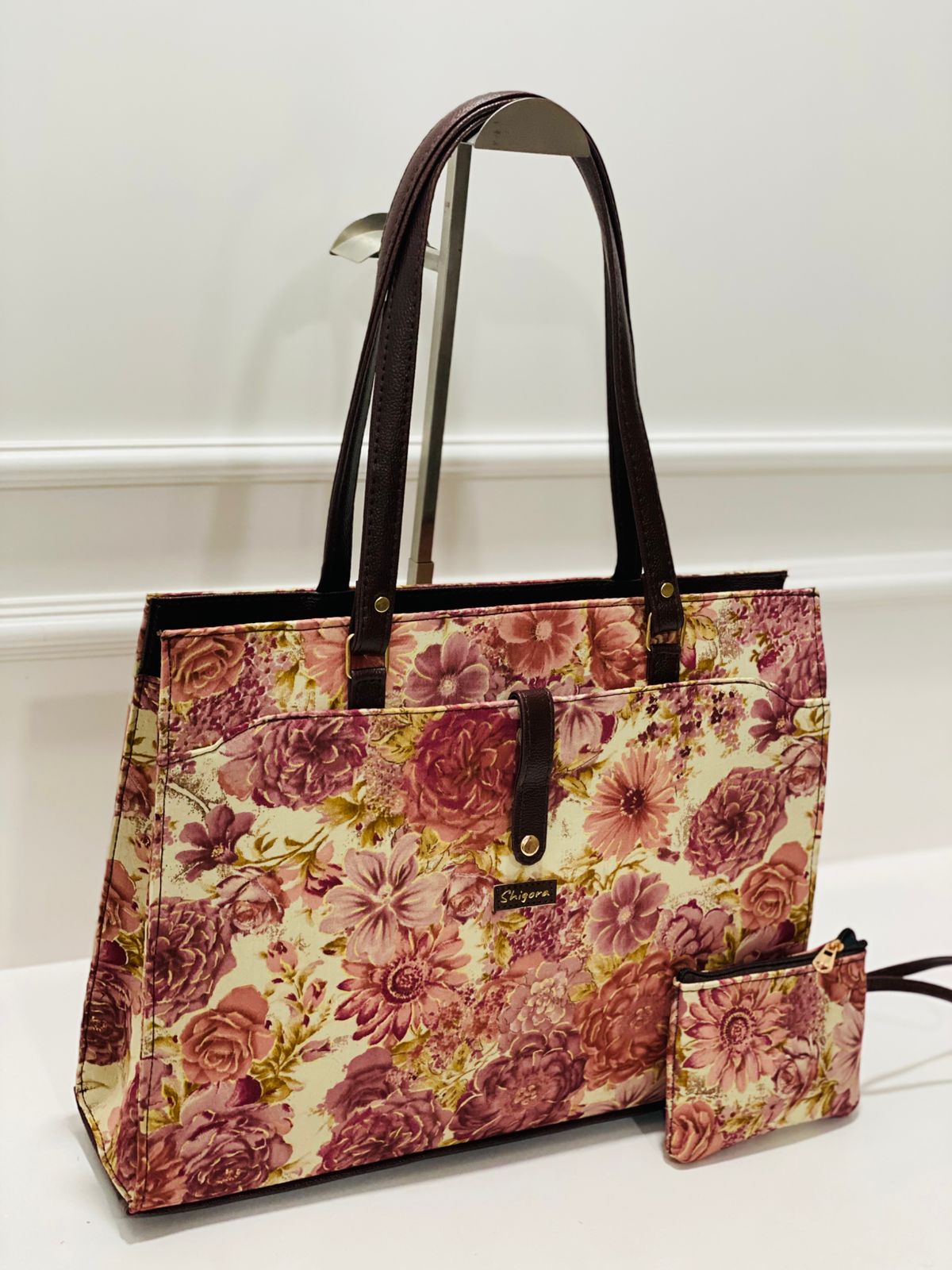 Pink Cream Multicolour Laptop Statement bag with Pouch