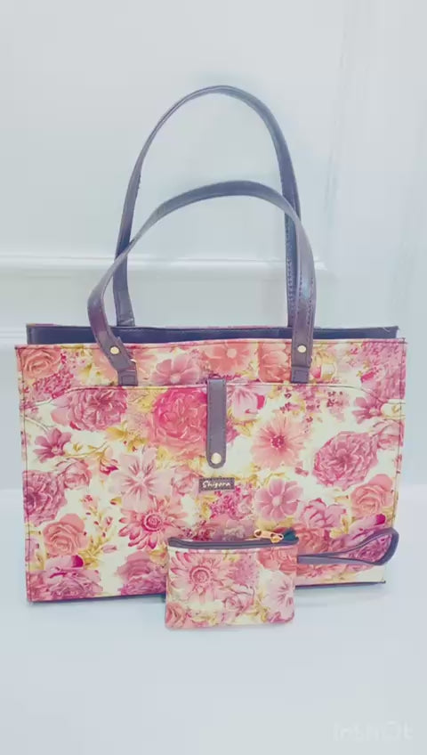 Pink Cream Multicolour Laptop Statement bag with Pouch